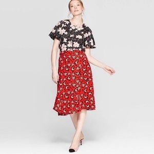 Who What Wear Skirt Size 2 A-Line Below Knee Midi Painted Red Floral Flow‎ NWOT